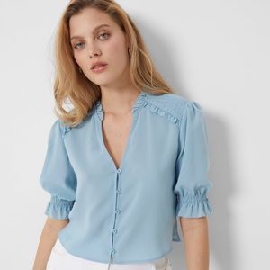 French Connection Crepe Light Cropped Top Ruffle Sleeve Blouse in Forget Me Not
